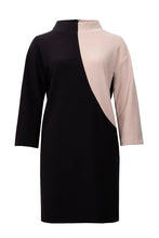 Load image into Gallery viewer, Sophistication meets modern with this gorgeous color block dress in sand and black. The uniquely mod inspired look is original and refreshing; a stand-out style for your evenings out. Color- Sand and black. 3/4 sleeve. Short dress. Back zipper closure. Two tone dress. Fabric-95% Polyester. 5% Spandex.
