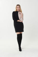 Load image into Gallery viewer, Sophistication meets modern with this gorgeous color block dress in sand and black. The uniquely mod inspired look is original and refreshing; a stand-out style for your evenings out. Color- Sand and black. 3/4 sleeve. Short dress. Back zipper closure. Two tone dress. Fabric-95% Polyester. 5% Spandex.