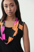 Load image into Gallery viewer, Spectacular splashes of color in orange, white, and fuchsia line the draping on the neck and asymmetrical bottom hem on this stunning sleeveless black tunic top. Another smart modern design by Joseph Ribkoff, this tunic will make you stand out in a crowd. Like you, our Sophia Tunic is unique in its own right.