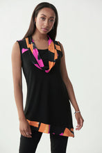 Load image into Gallery viewer, Spectacular splashes of color in orange, white, and fuchsia line the draping on the neck and asymmetrical bottom hem on this stunning sleeveless black tunic top. Another smart modern design by Joseph Ribkoff, this tunic will make you stand out in a crowd. Like you, our Sophia Tunic is unique in its own right.