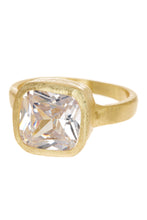 Load image into Gallery viewer, Sparkle galore describes this fabulous square cut cubic zirconia ring. A brilliant gold band with a unique finish, adds to the beauty. A ring for all occasions, this statement piece will definitely get noticed!