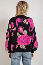 Load image into Gallery viewer, Make a statement in this bold floral pattern in vibrant colors. A crew neck with puffed long sleeves add a hint of romanticism to this super fuzzy and soft sweater. This is definitely a must have for your colder weather wardrobe.