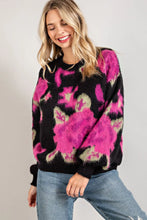 Load image into Gallery viewer, Make a statement in this bold floral pattern in vibrant colors. A crew neck with puffed long sleeves add a hint of romanticism to this super fuzzy and soft sweater. This is definitely a must have for your colder weather wardrobe.