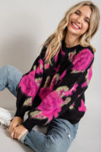 Load image into Gallery viewer, Make a statement in this bold floral pattern in vibrant colors. A crew neck with puffed long sleeves add a hint of romanticism to this super fuzzy and soft sweater. This is definitely a must have for your colder weather wardrobe.