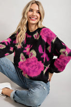 Load image into Gallery viewer, Make a statement in this bold floral pattern in vibrant colors. A crew neck with puffed long sleeves add a hint of romanticism to this super fuzzy and soft sweater. This is definitely a must have for your colder weather wardrobe.