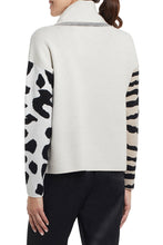 Load image into Gallery viewer, How uniquely beautiful is our Claire cowl neck sweater with its dusty lilac color block and mixed animal prints. This sweater is so very soft and cozy warm. You definitely will stand out fashionably in a crowd when you wear this gorgeous sweater! Color-Dusty lilac, black and white. Cowl neckline. Long sleeves. Luxuriously soft. Contrast print sleeves. Slightly cropped fit. Boxy fit.