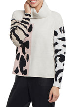 Load image into Gallery viewer, How uniquely beautiful is our Claire cowl neck sweater with its dusty lilac color block and mixed animal prints. This sweater is so very soft and cozy warm. You definitely will stand out fashionably in a crowd when you wear this gorgeous sweater! Color-Dusty lilac, black and white. Cowl neckline. Long sleeves. Luxuriously soft. Contrast print sleeves. Slightly cropped fit. Boxy fit.
