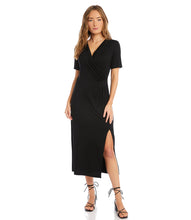 Load image into Gallery viewer, Simply elegant and classy is our Alicia Faux Wrap Midi Dress by Karen Kane. A perfect evening-ready midi dress is designed and made from fluid jersey-knit fabric that offers an eye-appealing draping. A side-slit on the left side offers an even greater interest in this gorgeous midi dress.