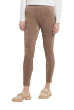 Load image into Gallery viewer, Faux suede leggings in a taupe grey is a perfect color legging to match a variety of your favorite tops. Featuring Flatten It® technology, these leggings will make you feel and look wonderful during the cooler seasons. Our Fiona has a 29" inseam and back seaming details along with the pull-on elastic waistband. Color- Taupe Grey. Pull-on construction. Elastic waistband. Subtle dream seams. Flatten It® technology with a mesh tummy control panel that gently slims. Faux suede fabrication.