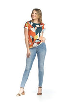 Load image into Gallery viewer, Vivid colors of rust, pear green, teal, orange, peach light blue, black and white come together to create a magnificent abstract print on this gorgeous Paula top. Made with a fabrication meant to keep you cool in those humid days, this will become one of your new favorites. Our Paula top goes well with your favorite solid color bottoms in the same colors or pair with a jean and denim jacket and you're in style and ready for the day!