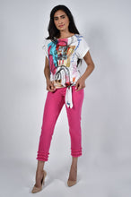 Load image into Gallery viewer, Darling is the perfect word to describe our Fiona vibrant fuchsia jean with triple fringing at hemline. Beautiful stretch and recovery to this playful jean makes this jean ultra-comfortable. It will easily become one of your ultimate favorites! Pair with our Dina Pink Multi Print Top by Frank Lyman for the perfect look. DINA PINK MULTI ABSTRACT PRINT TOP BY FRANK LYMAN – Aurora Lynn Boutique