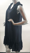Load image into Gallery viewer, Our Frank Lyman designed Tamela dress is a gorgeous dark navy called Twilight. A perfect alternative to a black dress, this beauty is elevated in design with a detachable necklace in gold, navy and gold beads and twilight navy fringe. Slight ruffle detailing at the neckline as well as the bottom adds even more interest. A gorgeous style for those special events, you will feel beautiful every time you wear this dress.
