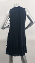 Load image into Gallery viewer, Our Frank Lyman designed Tamela dress is a gorgeous dark navy called Twilight. A perfect alternative to a black dress, this beauty is elevated in design with a detachable necklace in gold, navy and gold beads and twilight navy fringe. Slight ruffle detailing at the neckline as well as the bottom adds even more interest. A gorgeous style for those special events, you will feel beautiful every time you wear this dress.