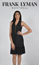 Load image into Gallery viewer, Our Frank Lyman designed Tamela dress is a gorgeous dark navy called Twilight. A perfect alternative to a black dress, this beauty is elevated in design with a detachable necklace in gold, navy and gold beads and twilight navy fringe. Slight ruffle detailing at the neckline as well as the bottom adds even more interest. A gorgeous style for those special events, you will feel beautiful every time you wear this dress.