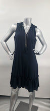 Load image into Gallery viewer, Our Frank Lyman designed Tamela dress is a gorgeous dark navy called Twilight. A perfect alternative to a black dress, this beauty is elevated in design with a detachable necklace in gold, navy and gold beads and twilight navy fringe. Slight ruffle detailing at the neckline as well as the bottom adds even more interest. A gorgeous style for those special events, you will feel beautiful every time you wear this dress.
