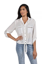 Load image into Gallery viewer, A top for all seasons, our gorgeous Wisteria white and silver rhinestone front tie top brings any outfit to life. Three quarter sleeves are roll tab and secured with a silver rhinestone tab, while the pockets are enhanced with a silver rhinestone strip. Silver button closure in the front lead to a self-tie at the bottom. Pair with any bottom to create a fashionable look that will take you from day to evening.
