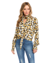 Load image into Gallery viewer, Add a dash of old-world romance to your wardrobe with our Fiona top with smocked sleeves, dramatic collar and tie front. With its unique design, this beautifully unique top can be dressed up or worn casually. You'll be sure to receive compliments when you style this beautiful top. Color-Black, white and gold. Long sleeve with smocked cuff. V-neck with smocked collar.