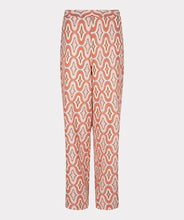 Load image into Gallery viewer, Our Gloria wide leg pant is just "groovy" with its 70's inspired geometric print. These cool pants have side pockets and a blind zipper on the side and have a terrific satin feel. Looks fantastic paired with our BRITTANY BRIGHT PEACH PUFF SLEEVE TOP - ESQUALO and our ODELIA OFF-WHITE BLOUSON SLEEVE T-SHIRT - ESQUALO. Color - Groovy; Coral, peach, off white, light brown, light yellow. Geometric print. Lined. Satin feel fabric. Not a stretch fabrication. Side zipper closure. Wide leg design.