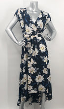 Load image into Gallery viewer, Simply stunning is this gorgeous floral pattern high-low dress with a wrap look. A gorgeous polyester fabric drapes beautifully and creates a lovely silhouette. A figure flattering dress, our Mia is a perfect dress for your memorable events.