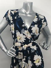 Load image into Gallery viewer, Simply stunning is this gorgeous floral pattern high-low dress with a wrap look. A gorgeous polyester fabric drapes beautifully and creates a lovely silhouette. A figure flattering dress, our Mia is a perfect dress for your memorable events.