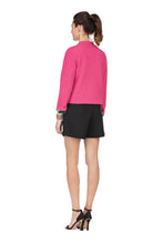 Load image into Gallery viewer, This jacket exudes an incredibly chic and stunning aura, reminiscent of 1950s glamour, yet modernized with sparkling embellishments and a vibrant mix of colors. Available in either emerald green or hot pink, these fabulous jackets feature metallic threading that adds a dazzling sparkle. The buttons, bold in gold, complement the striking floral pattern of the inner lining in shades of pink and green. Truly, pictures cannot capture the justice this jacket deserves!