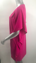 Load image into Gallery viewer, A gorgeous dress in a striking magenta color, our Melanie drape dress offers a stylish drape design that flatters the figure. With split sleeves, v-neck, waterfall draping on the side and dramatic sleeves, the Melanie will get you noticed and give you compliments. Color - Magenta. V-Neck. Waterfall draping on sides. Drape sleeves. Split sleeves.