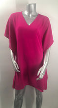 Load image into Gallery viewer, A gorgeous dress in a striking magenta color, our Melanie drape dress offers a stylish drape design that flatters the figure. With split sleeves, v-neck, waterfall draping on the side and dramatic sleeves, the Melanie will get you noticed and give you compliments. Color - Magenta. V-Neck. Waterfall draping on sides. Drape sleeves. Split sleeves.