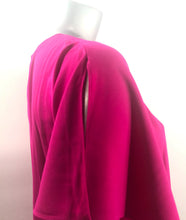 Load image into Gallery viewer, A gorgeous dress in a striking magenta color, our Melanie drape dress offers a stylish drape design that flatters the figure. With split sleeves, v-neck, waterfall draping on the side and dramatic sleeves, the Melanie will get you noticed and give you compliments. Color - Magenta. V-Neck. Waterfall draping on sides. Drape sleeves. Split sleeves.