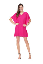 Load image into Gallery viewer, A gorgeous dress in a striking magenta color, our Melanie drape dress offers a stylish drape design that flatters the figure. With split sleeves, v-neck, waterfall draping on the side and dramatic sleeves, the Melanie will get you noticed and give you compliments. Color - Magenta. V-Neck. Waterfall draping on sides. Drape sleeves. Split sleeves.