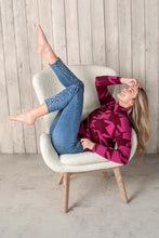 Load image into Gallery viewer, A cozy sweater is a must-have for cool weather, and we're currently obsessed with this playful printed double-knit style. A slightly cropped length, boxy fit, and draped cowl neckline have us excited to add this to our regular wardrobe rotation. Color-Rubywine. Pop-over cowl neck. Boxy fit. Drop shoulder. Slightly cropped length.