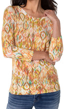 Load image into Gallery viewer, Gorgeous kaleidoscope colors really pop on this easy knit pullover sweater. Just the perfect lightweight sweater to wear all day, you'll find pairing it with a denim jacket or blazer takes it to a whole new level. Color-Kaleidoscope- 3/4 Sleeve. Round neck. Fabric- 88% Rayon.12% Nylon.