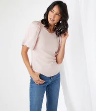 Load image into Gallery viewer, Elevate your everyday look with this gorgeous pale pink ultra-soft french terry top by Karen Kane. Statement puff sleeves made with rich silky satin, create a dramatic effect. Color- Pale pink.