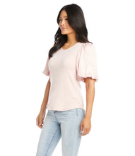 Load image into Gallery viewer, Elevate your everyday look with this gorgeous pale pink ultra-soft french terry top by Karen Kane. Statement puff sleeves made with rich silky satin, create a dramatic effect. Color- Pale pink.