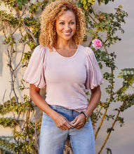 Load image into Gallery viewer, Elevate your everyday look with this gorgeous pale pink ultra-soft french terry top by Karen Kane. Statement puff sleeves made with rich silky satin, create a dramatic effect. Color- Pale pink.