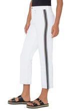 Load image into Gallery viewer, Sporty side stripes bring a fun, unexpected twist to high-waist straight-leg crop jean fashioned with a bit of stretch and laser-cut hems. Pair with a black tank or tee and our matching Jackie Cut Off Trucker Jacket with Sporty Stripes for a chic and fashionable outfit that will be sure to receive compliments!