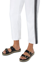 Load image into Gallery viewer, Sporty side stripes bring a fun, unexpected twist to high-waist straight-leg crop jean fashioned with a bit of stretch and laser-cut hems. Pair with a black tank or tee and our matching Jackie Cut Off Trucker Jacket with Sporty Stripes for a chic and fashionable outfit that will be sure to receive compliments!