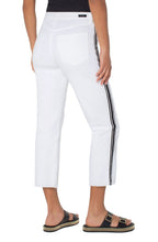 Load image into Gallery viewer, Sporty side stripes bring a fun, unexpected twist to high-waist straight-leg crop jean fashioned with a bit of stretch and laser-cut hems. Pair with a black tank or tee and our matching Jackie Cut Off Trucker Jacket with Sporty Stripes for a chic and fashionable outfit that will be sure to receive compliments!