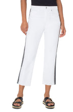 Load image into Gallery viewer, Sporty side stripes bring a fun, unexpected twist to high-waist straight-leg crop jean fashioned with a bit of stretch and laser-cut hems. Pair with a black tank or tee and our matching Jackie Cut Off Trucker Jacket with Sporty Stripes for a chic and fashionable outfit that will be sure to receive compliments!