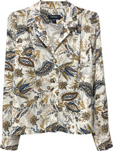 Load image into Gallery viewer, Not only is our Paula shirt, versatile, but also quite lovely as it captures the eye with a striking paisley print and relaxed fit. This top can be worn for almost any occasion from work to play. Pair with your favorite denim or solid bottom for a put together, classic look. Color-Gold, blue, white. Button down. Point collar. Long sleeves. Unlined. Relaxed fit. No stretch.