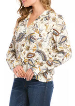 Load image into Gallery viewer, Not only is our Paula shirt, versatile, but also quite lovely as it captures the eye with a striking paisley print and relaxed fit. This top can be worn for almost any occasion from work to play. Pair with your favorite denim or solid bottom for a put together, classic look. Color-Gold, blue, white. Button down. Point collar. Long sleeves. Unlined. Relaxed fit. No stretch.