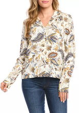 Load image into Gallery viewer, Not only is our Paula shirt, versatile, but also quite lovely as it captures the eye with a striking paisley print and relaxed fit. This top can be worn for almost any occasion from work to play. Pair with your favorite denim or solid bottom for a put together, classic look. Color-Gold, blue, white. Button down. Point collar. Long sleeves. Unlined. Relaxed fit. No stretch.