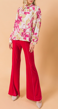 Load image into Gallery viewer, Our Ashley floral blouse is both sophisticated and fun! A stunning abstract floral print in pink and taupe on a white base gives this blouse an edge, while billowy sleeves offer a feminine appeal. Gathering at the collar, sleeves and shoulders add that extra flair. Effortlessly pair this blouse with jeans for a casual look or dress up with your favorite bottoms.