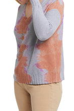 Load image into Gallery viewer, A V-neck sweater is an effortless must-have—perfect for throwing on and looking fabulous at a moment's notice. Make a fashion statement in this lovely long sleeve V-neck sweater in vivid, gorgeous colors, called Sunkissed. Colors- Sunkissed; gray base with splashes of coral and lavender. Pop-over V-neck. Relaxed fit. Drop shoulder contrast sleeves. Ribbed cuffs and hem. Soft combed cotton.