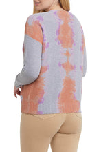 Load image into Gallery viewer, A V-neck sweater is an effortless must-have—perfect for throwing on and looking fabulous at a moment's notice. Make a fashion statement in this lovely long sleeve V-neck sweater in vivid, gorgeous colors, called Sunkissed. Colors- Sunkissed; gray base with splashes of coral and lavender. Pop-over V-neck. Relaxed fit. Drop shoulder contrast sleeves. Ribbed cuffs and hem. Soft combed cotton.