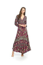 Load image into Gallery viewer, A gorgeous print makes this maxi dress stunningly gorgeous. A navy background is brought alive with colors of cream, bright fuchsia, deep orange and slate blue floral and leave patterns. Material is flowy with an elastic band at the back of waist. Material does not allow for stretch. Three quarter sleeves are enhanced with a tie and the V-neck design allows you to wear your favorite piece of jewelry to complete the look.