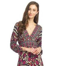 Load image into Gallery viewer, A gorgeous print makes this maxi dress stunningly gorgeous. A navy background is brought alive with colors of cream, bright fuchsia, deep orange and slate blue floral and leave patterns. Material is flowy with an elastic band at the back of waist. Material does not allow for stretch. Three quarter sleeves are enhanced with a tie and the V-neck design allows you to wear your favorite piece of jewelry to complete the look.