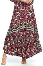 Load image into Gallery viewer, A gorgeous print makes this maxi dress stunningly gorgeous. A navy background is brought alive with colors of cream, bright fuchsia, deep orange and slate blue floral and leave patterns. Material is flowy with an elastic band at the back of waist. Material does not allow for stretch. Three quarter sleeves are enhanced with a tie and the V-neck design allows you to wear your favorite piece of jewelry to complete the look.