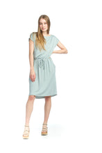 Load image into Gallery viewer, Comfort and style are excellent descriptions for this lovely mint stripe dress. The elastic waist gives definition while the tie, although not functional, gives our Mimi dress added appeal. Functional side pockets and cuffed sleeves make this dress even more desirable. You will love the feel of the very soft knit so much, it will become one of your favorites. This is the perfect dress to do everything from running errands to having lunch with friends and everything in between.