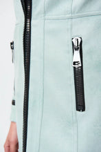 Load image into Gallery viewer, Simply stunning is this gorgeous mint faux suede jacket designed by Joseph Ribkoff. With its polished and classic design and amazing color, you will definitely get noticed when you style this jacket. Black faux zipper detailing along the neckline, sleeves and front creates an appealing contrast against the mint background. The longer length provides excellent coverage.