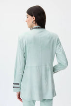 Load image into Gallery viewer, Simply stunning is this gorgeous mint faux suede jacket designed by Joseph Ribkoff. With its polished and classic design and amazing color, you will definitely get noticed when you style this jacket. Black faux zipper detailing along the neckline, sleeves and front creates an appealing contrast against the mint background. The longer length provides excellent coverage.